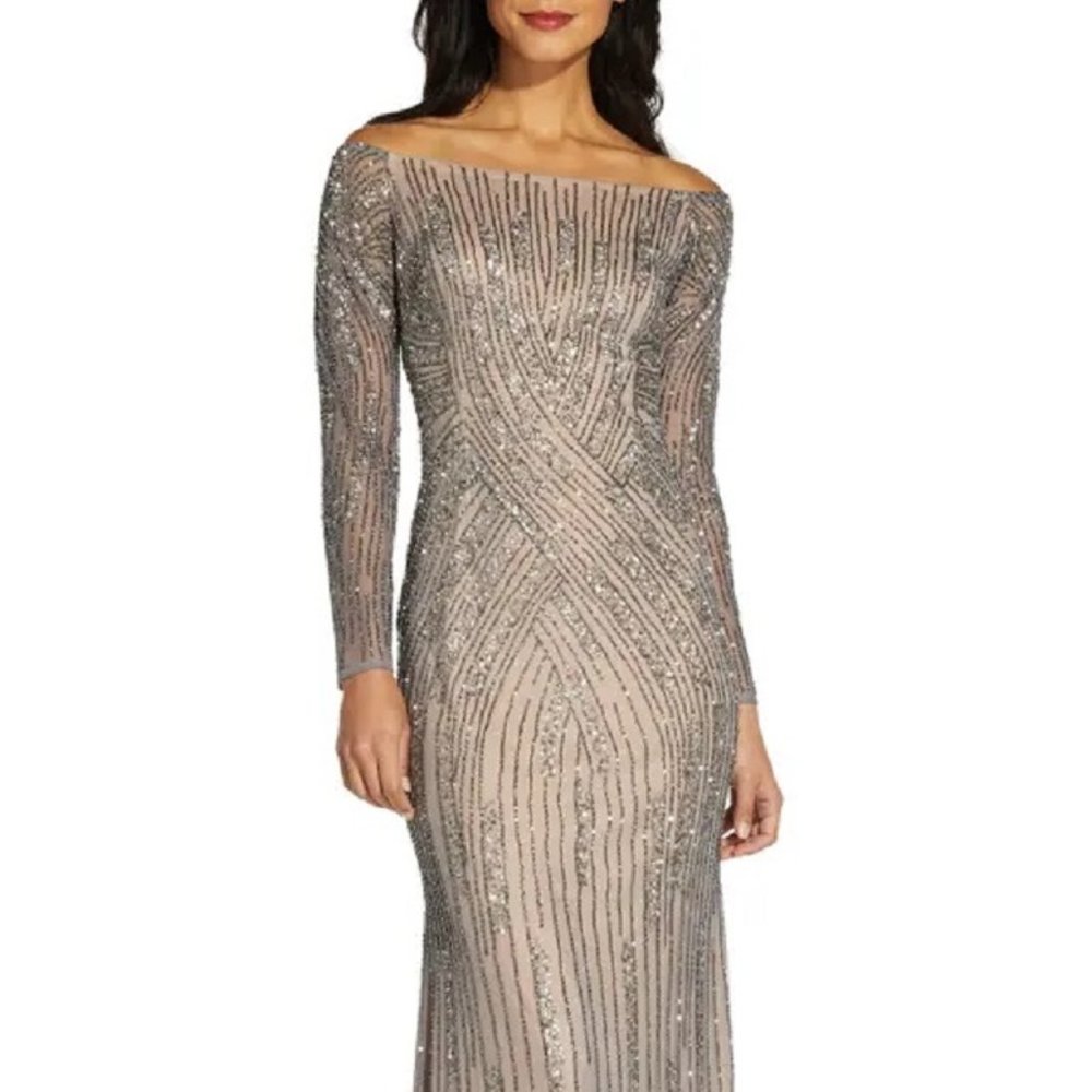 ADRIANNA PAPELL Sequin Off-The-Shoulder Gown Sterling Size 4